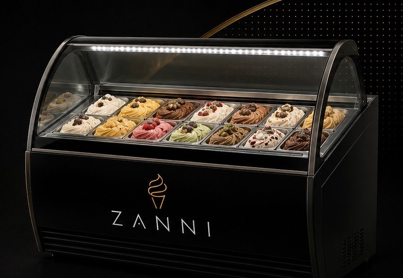 ZANNI gelato display case with curved glass and LED lighting